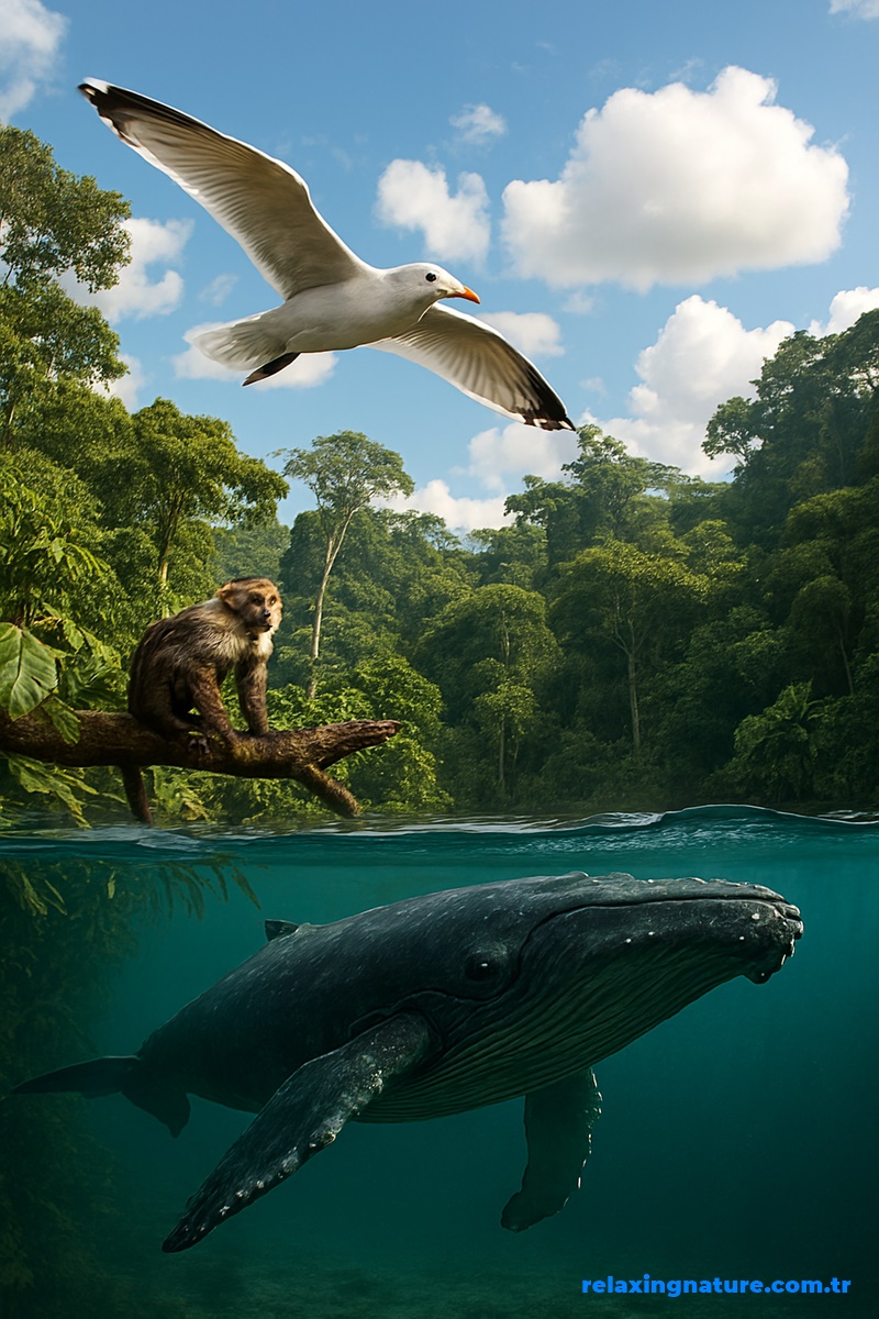 relaxing nature,balance of nature,forest,sky,underwater,nature,seagull,monkey,whale